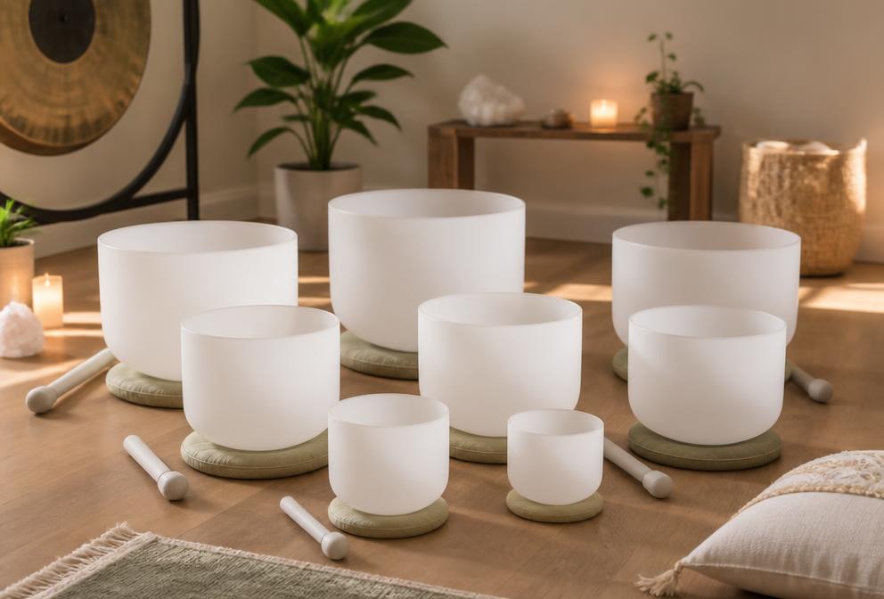 Crystal singing bowls arranged for a sound bath