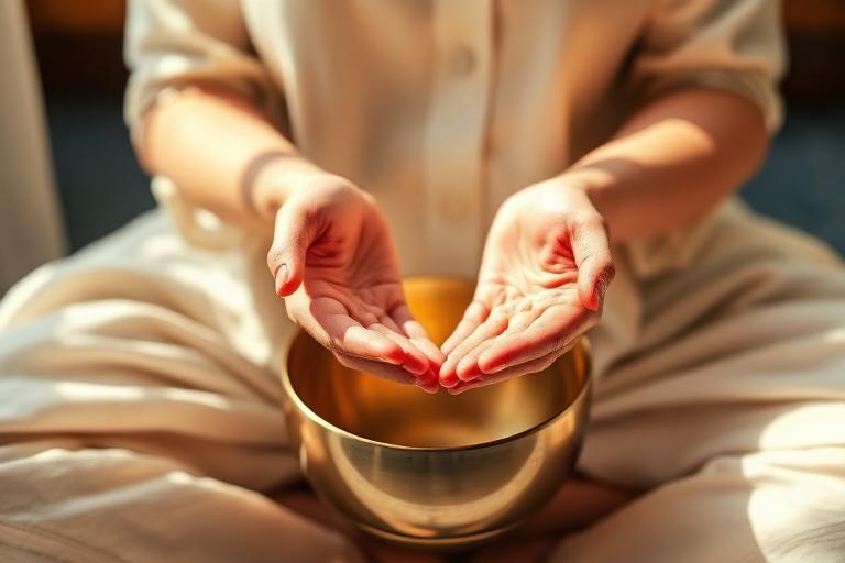 Hands above a singing bowl