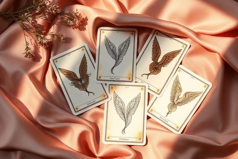 Wing-themed tarot cards on rose silk